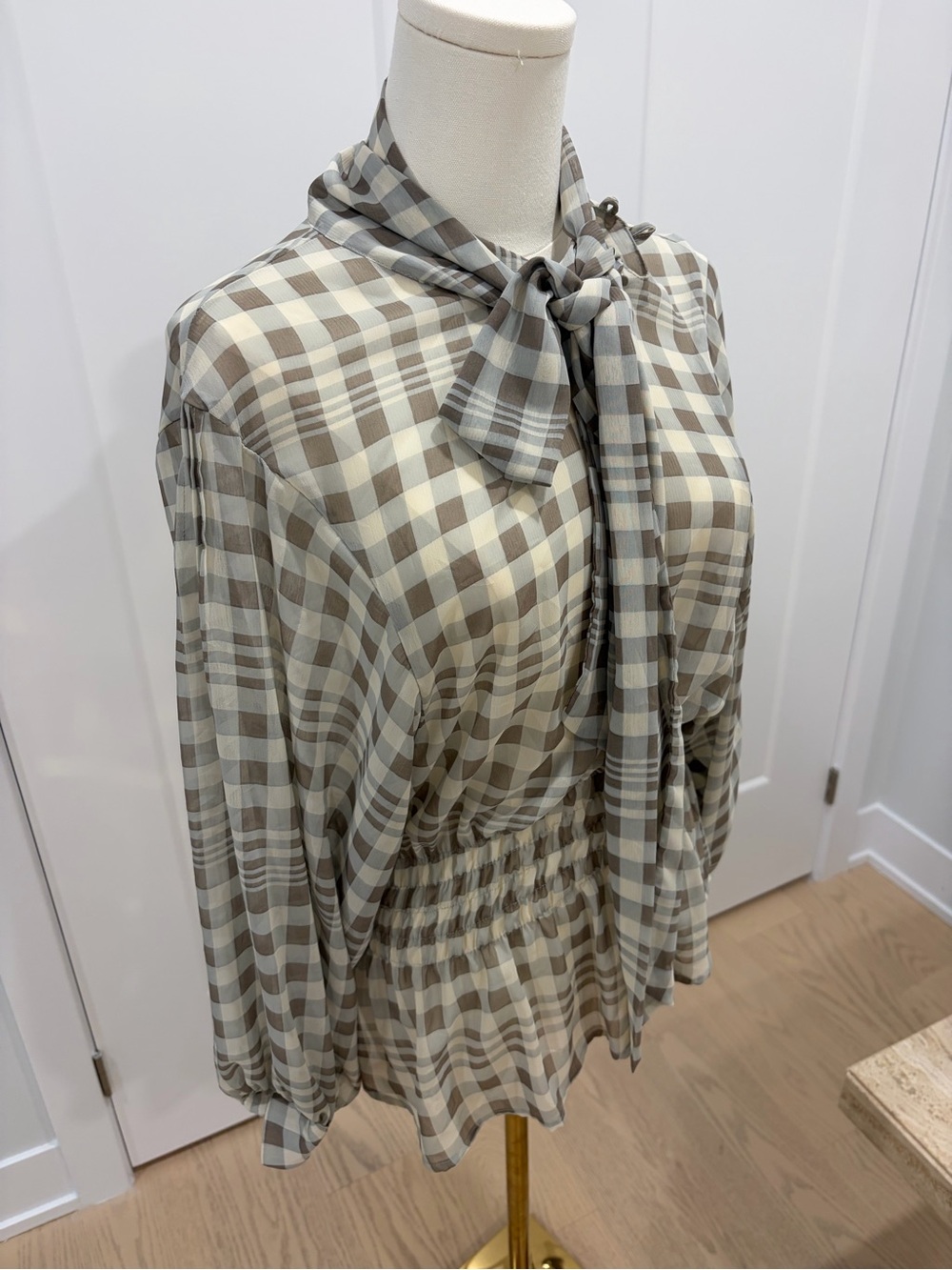 Checked Tie-Neck Blouse in Taupe and Cream (bought in Europe!)